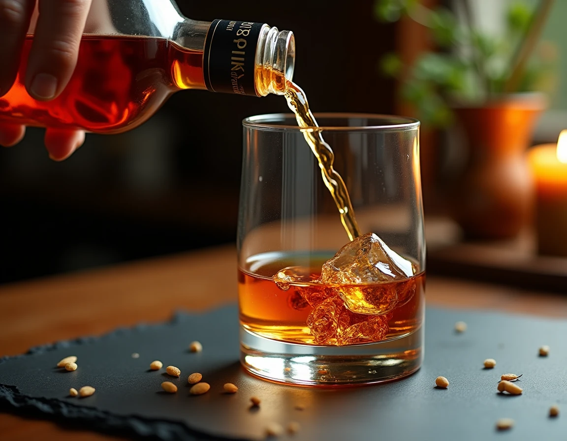 Close-up action shot of whisky being poured from a Nikka From The Barrel bottle into a wide-rimmed Glencairn glass, the