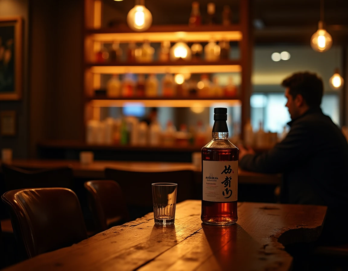 Atmospheric interior of a dimly lit Japanese whisky bar, a Nikka From The Barrel bottle and half-filled glass on a knott