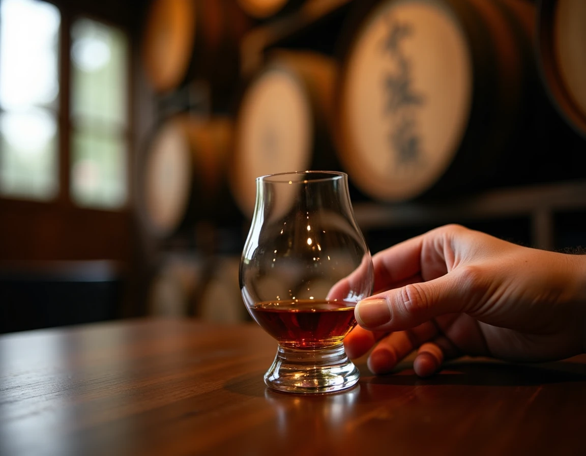 Close-up editorial photograph of a hand gently tilting a Glencairn glass filled with deep amber Yamazaki whisky over a d