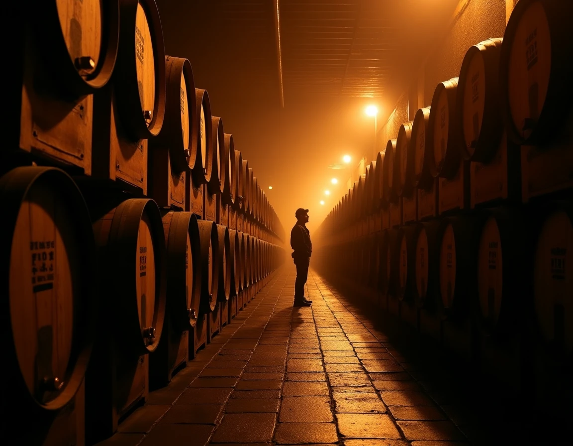 Wide interior shot of the Yamazaki Distillery barrel aging warehouse, rows of American oak and sherry casks stacked high