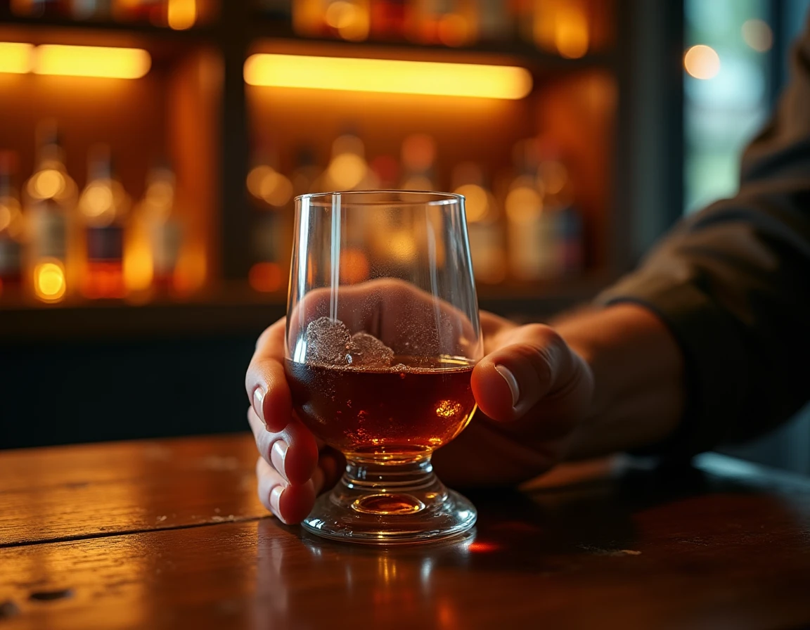 Close-up lifestyle shot of a pair of weathered hands gently swirling a Glencairn glass of dark amber Talisker single mal