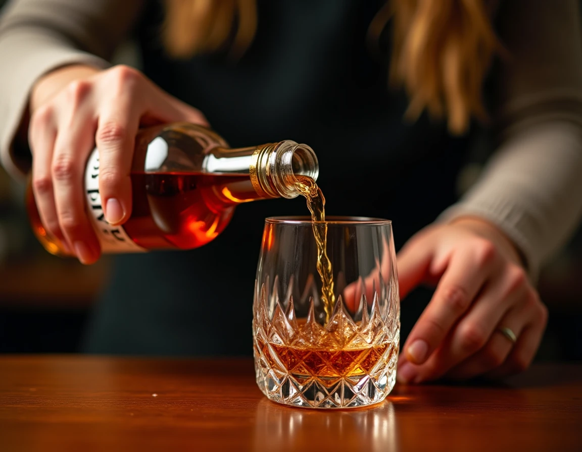 Close-up of a pair of hands carefully pouring Yamazaki whisky from a bottle into a wide-mouth Glencairn glass, copper-am