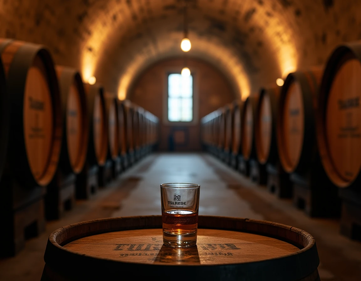 Wide environmental shot inside a traditional Scottish distillery barrel warehouse, rows of oak casks with Talisker disti