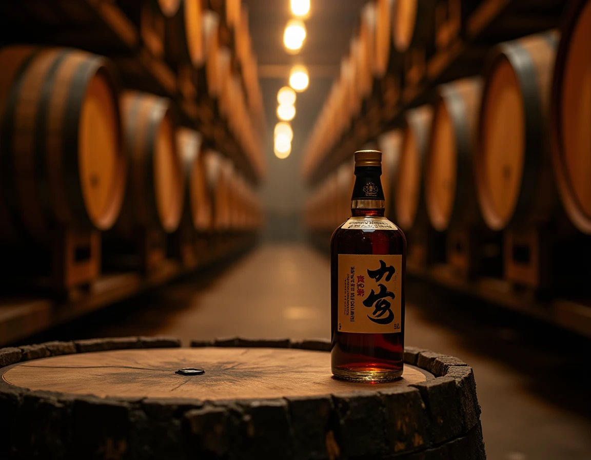 Atmospheric interior of the Yamazaki distillery warehouse, rows of aging barrels stacked on wooden racks receding into s