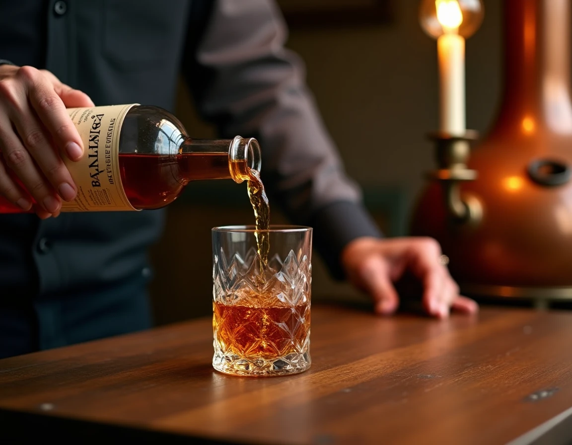 Close-up of a pair of hands carefully pouring Balvenie single malt whisky from a bottle into a crystal glass on a worn w