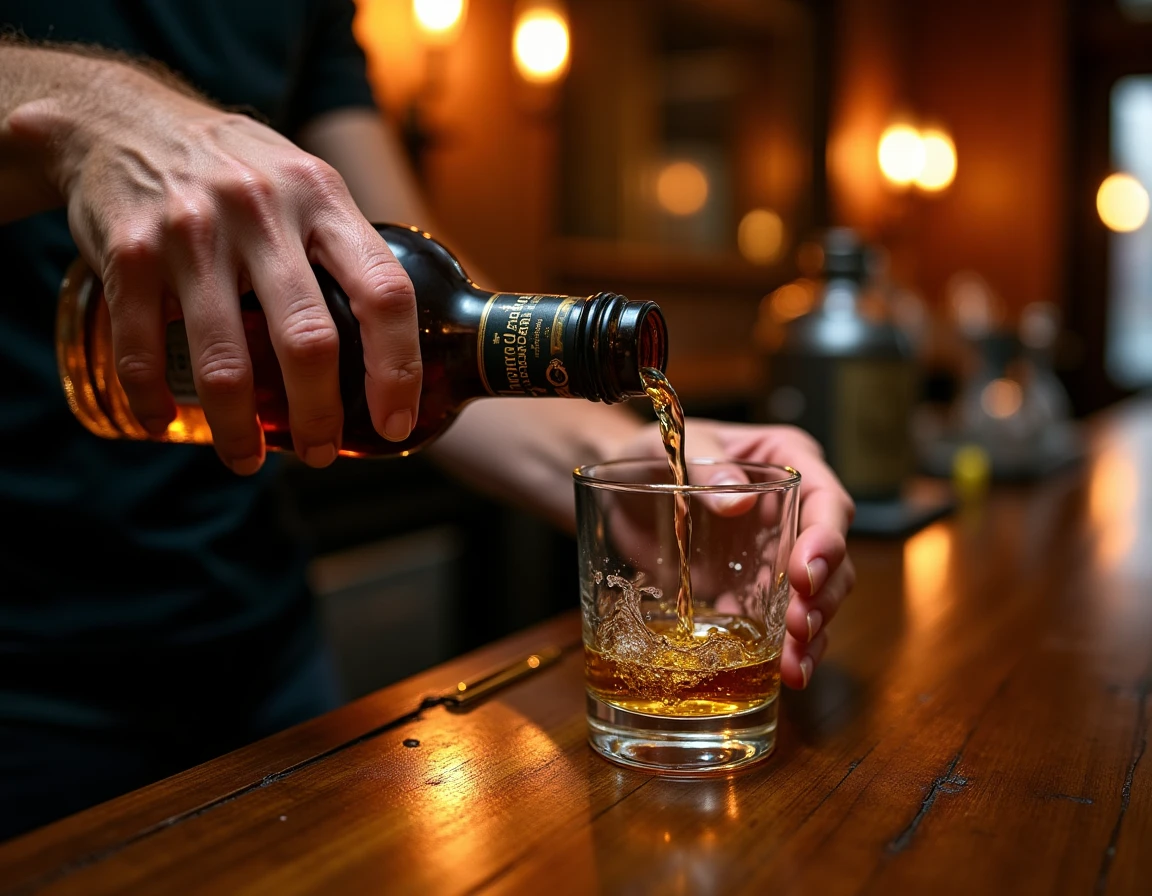 Close-up editorial of weathered hands carefully pouring Lagavulin whisky from a bottle into a Glencairn glass, liquid ca