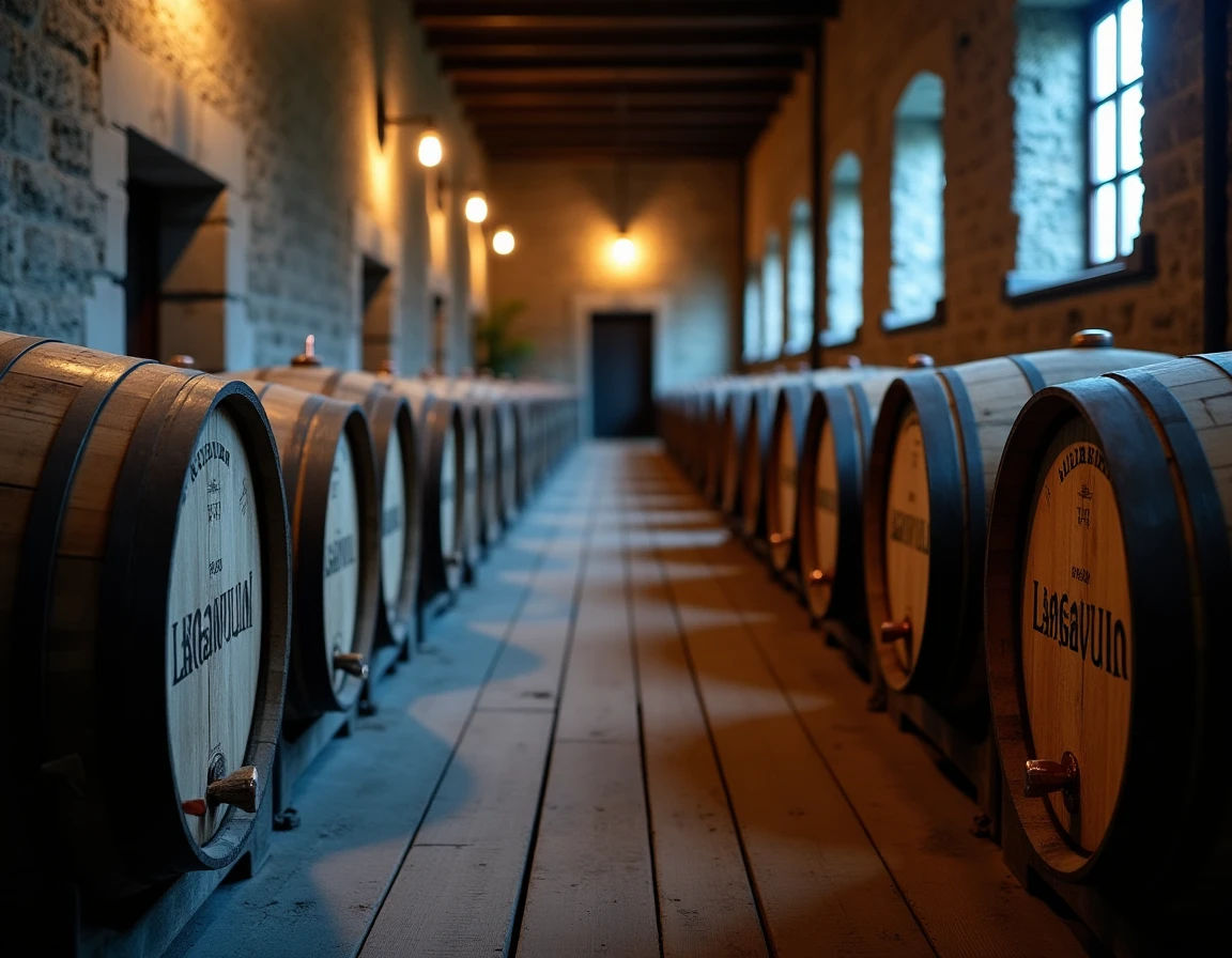 Wide interior shot of a rustic stone distillery warehouse on Islay, rows of oak barrels with Lagavulin stenciling, cool