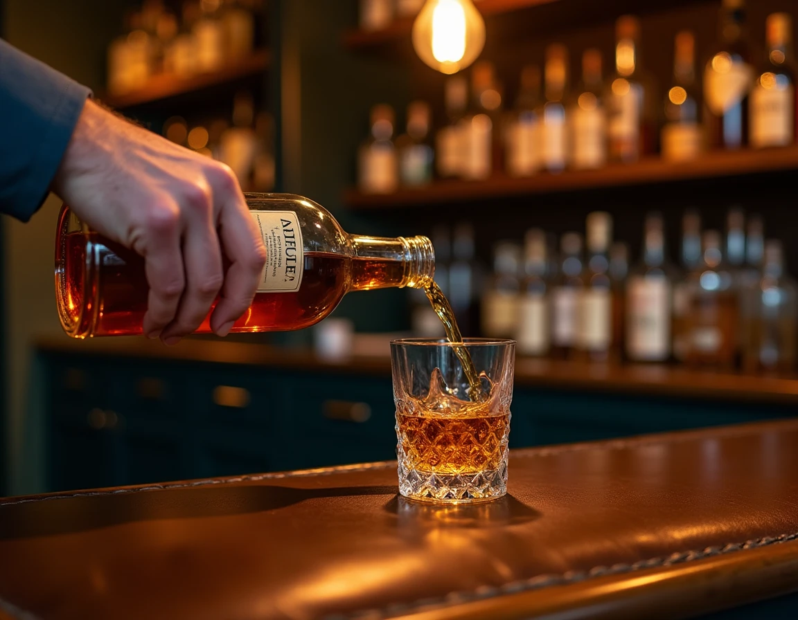 Close-up of a hand pouring Glenlivet whisky from a bottle into a Glencairn glass on a worn leather-topped bar counter, g