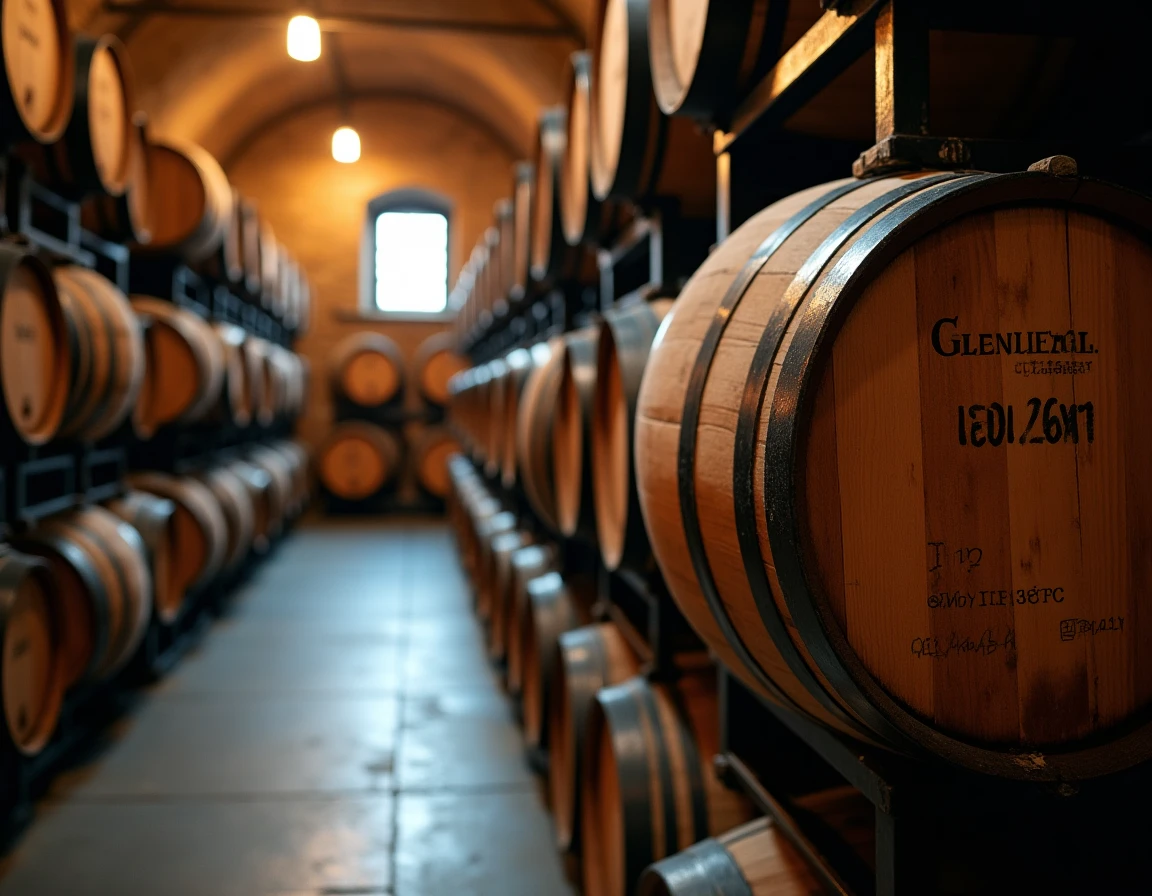 Wide interior shot of a traditional Speyside distillery barrel warehouse, rows of aging oak casks stacked on iron racks,