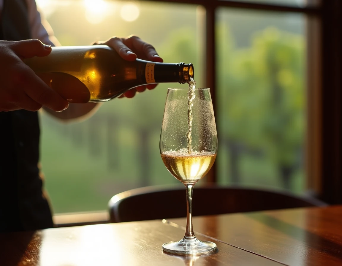 Medium close-up of a sommelier's hands carefully pouring a pale golden Chardonnay into a large Burgundy glass, natural s