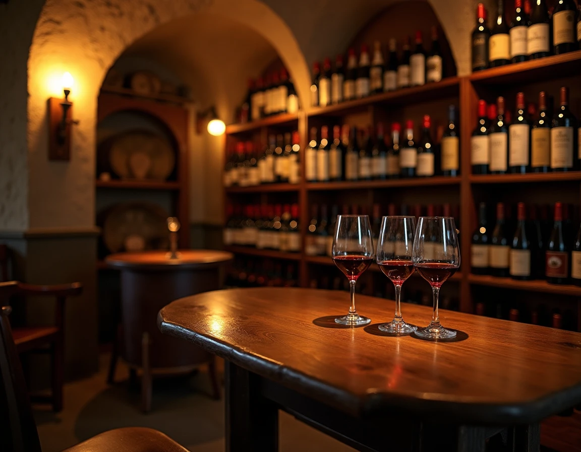 Wide interior shot of a classic European wine cellar with stone walls and wooden racks filled with dusty bottles, a sing