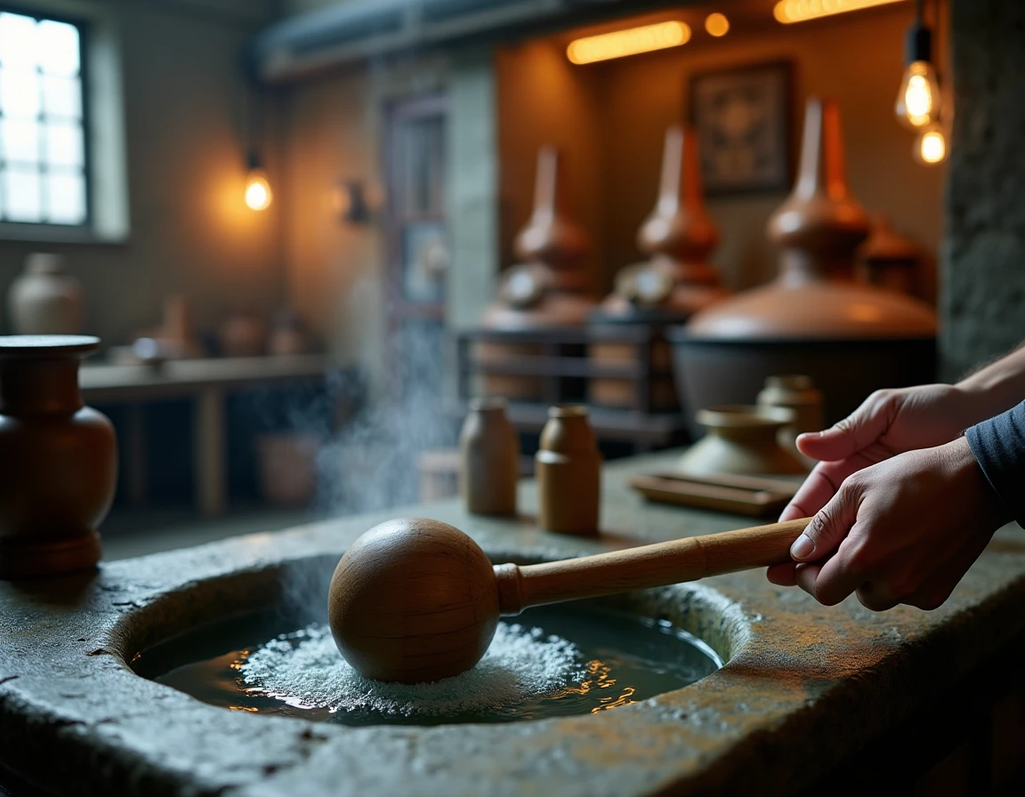 Close-up of a distillery worker's hands holding a traditional Japanese wooden ladle over a stone water basin inside a di
