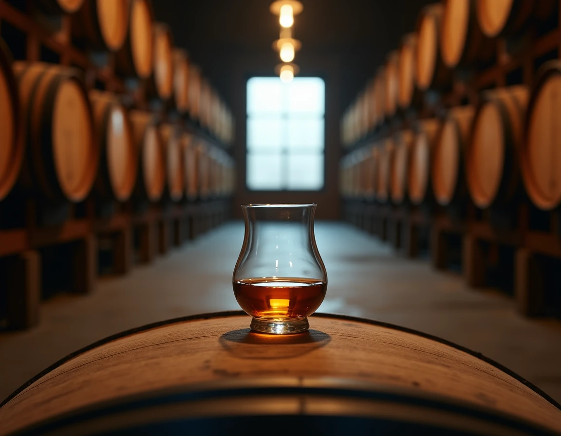 Wide interior shot of a Japanese whisky distillery barrel warehouse, rows of oak casks on wooden racks receding into sof
