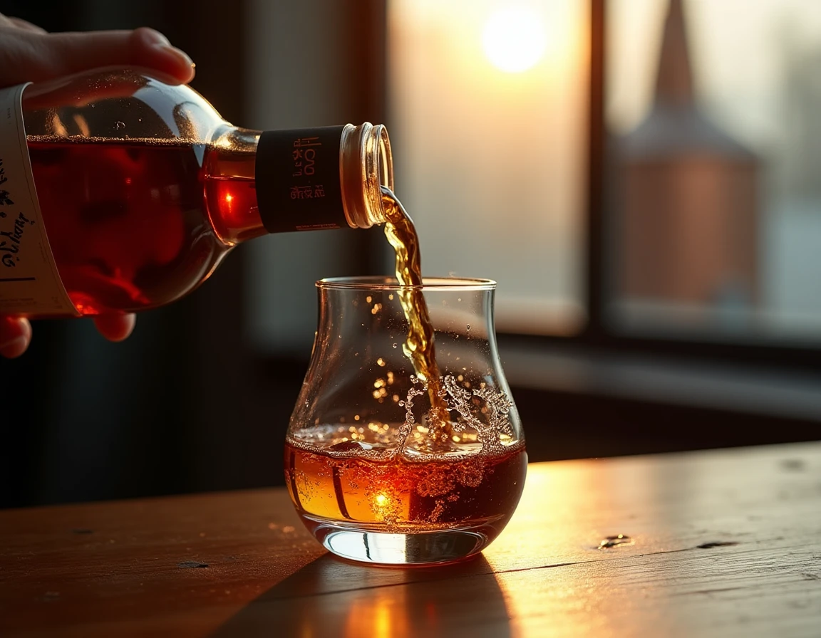 Close-up action shot of whisky being poured from a Nikka Yoichi bottle into a Glencairn glass, amber liquid mid-pour cat