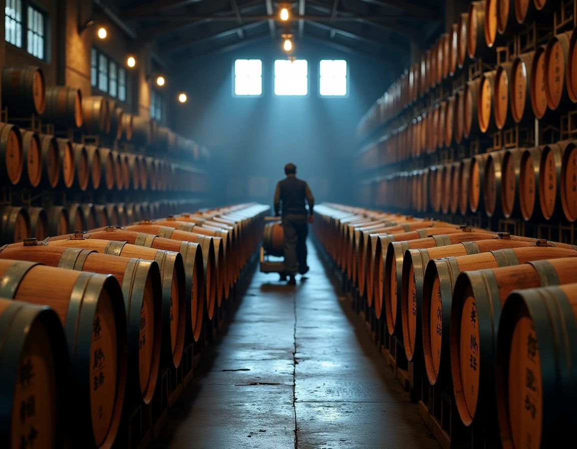 Interior of Yoichi Distillery barrel warehouse, rows of aging casks stacked in a stone-walled dunnage cellar, soft diffu