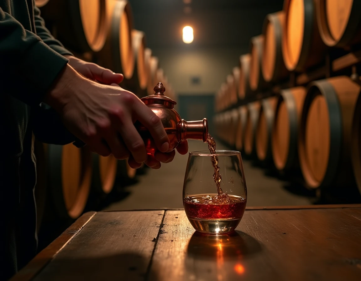 Close action shot of a distillery worker's hands pouring single malt whisky from a small copper vessel into a Glencairn 
