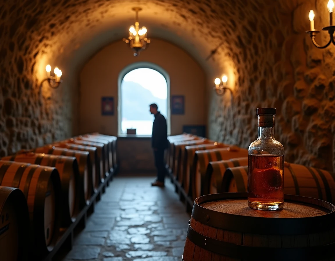 Wide atmospheric interior of a Scottish island distillery vault at winter, low grey daylight filtering through a small c