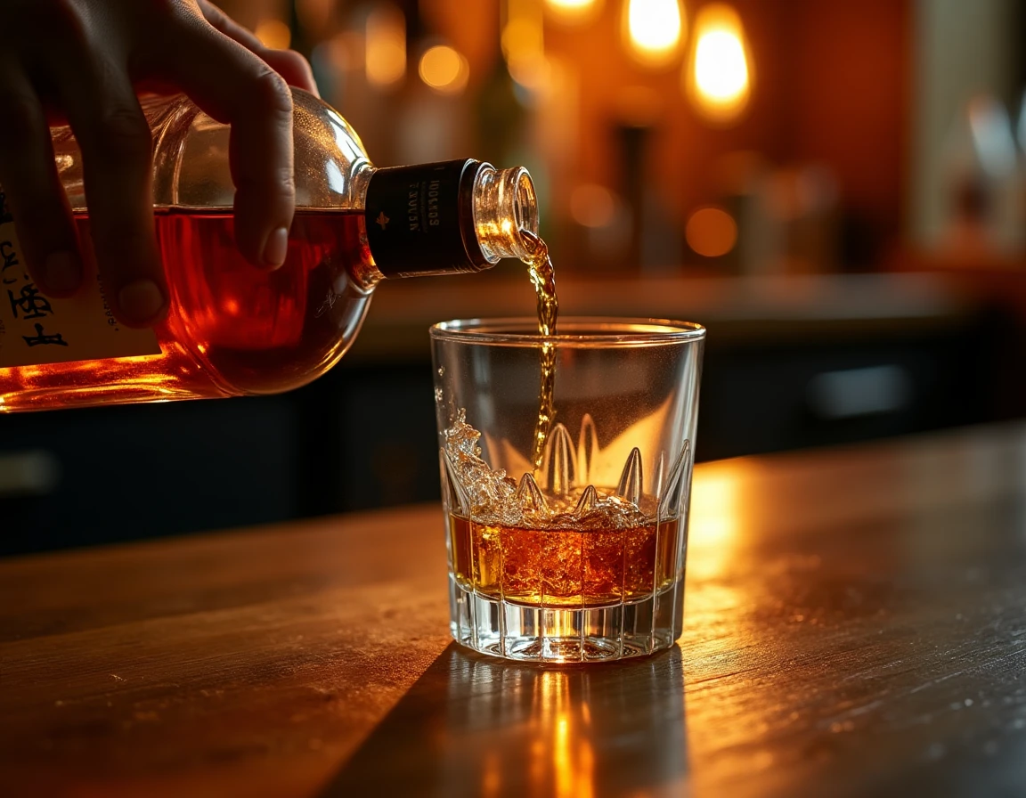 Close-up of a hand slowly pouring Nikka Coffey Grain whisky from bottle into a crystal Glencairn glass, liquid catching