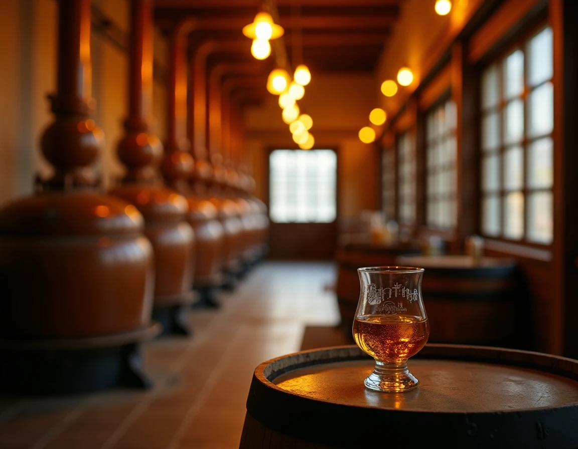 Wide editorial shot inside a traditional Japanese distillery corridor showing old Coffey column still apparatus, brass a