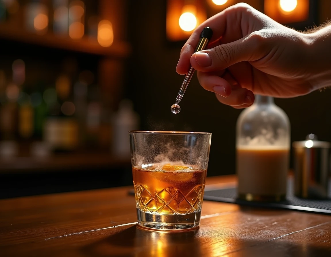 Close-up action shot of a hand carefully adding a single drop of water from a pipette into a Glencairn glass of golden w
