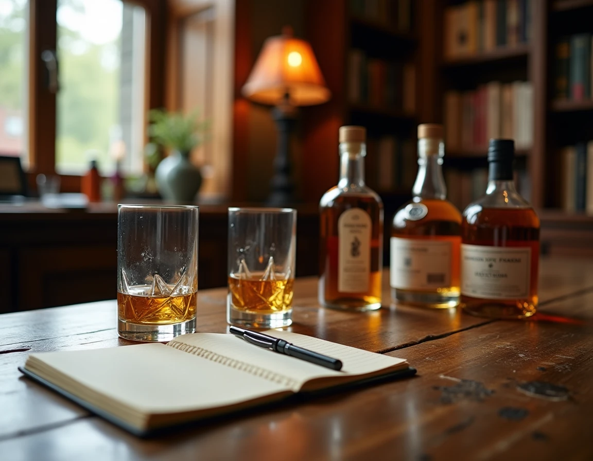 Wide contextual shot of a personal whisky tasting setup on a rustic knotted oak table: two Glencairn glasses, an open ta