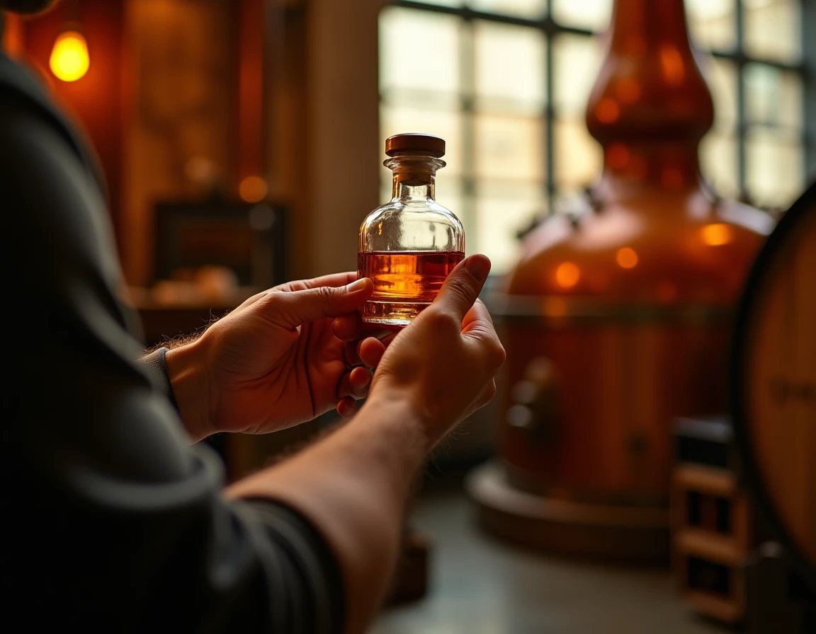 Medium shot of a distiller's hands carefully examining a small sample glass of amber Yamazaki single malt whisky, held u