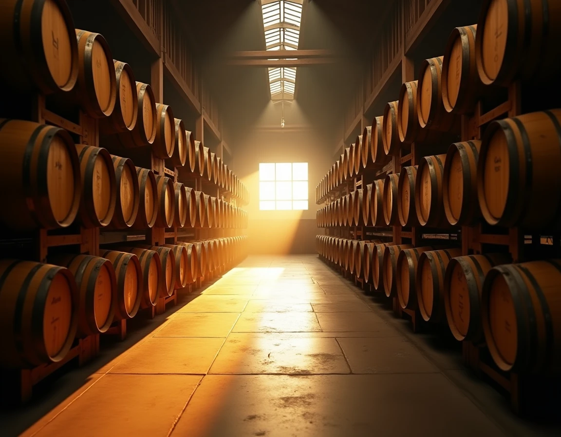 Wide interior shot of the Yamazaki distillery barrel aging warehouse, rows of small Japanese mizunara oak barrels and Am