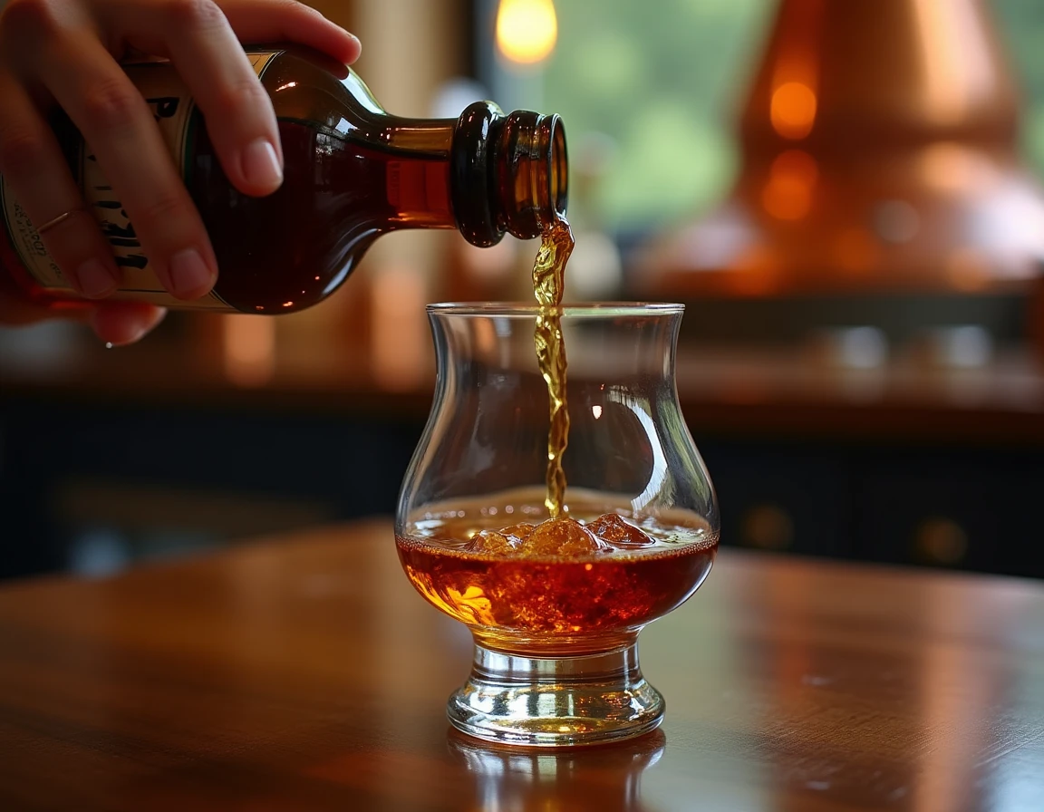 Close-up action shot of whisky being poured from Nikka Yoichi bottle into a wide Glencairn glass, amber liquid caught mi