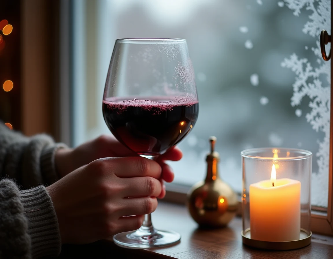 Close-up lifestyle photograph of two hands holding a large Burgundy-style Pinot Noir glass near a frost-covered window i
