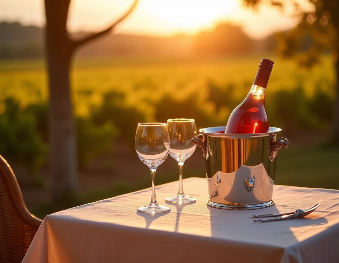 Wide atmospheric shot of an outdoor terrace table in summer evening light, a chilled bottle of Provence rosé in a silver
