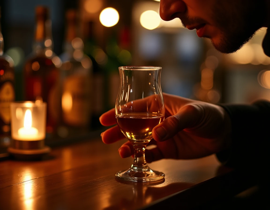 Close-up of a hand gently swirling a Glencairn glass of golden whisky, nose leaning slightly toward the glass rim in the
