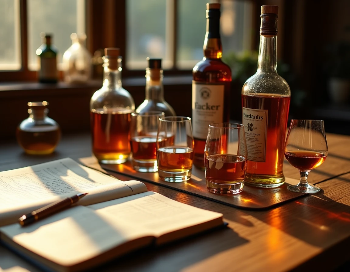 Wide-angle editorial shot of a whisky tasting setup on a knotted oak table: four different whisky bottles of varying sty