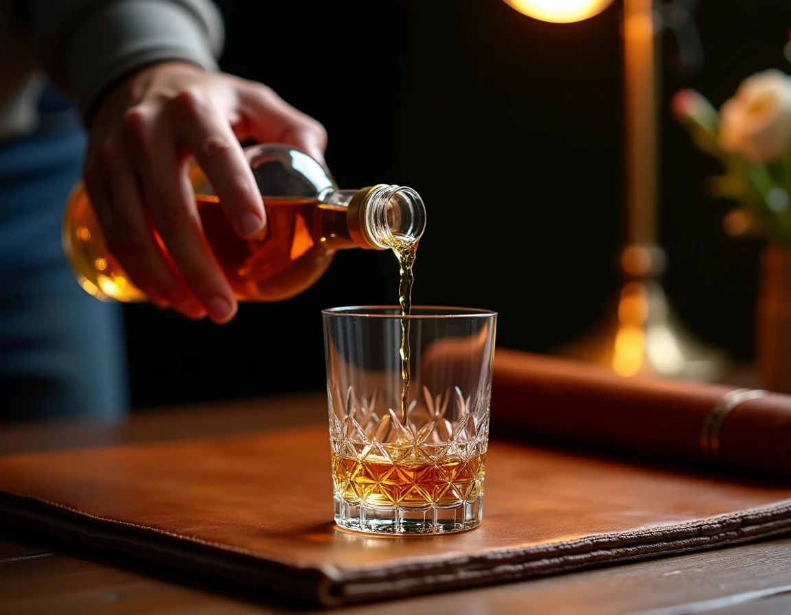 Close-up action shot of a careful hand pouring a small measure of golden single malt Scotch whisky from a bottle into a