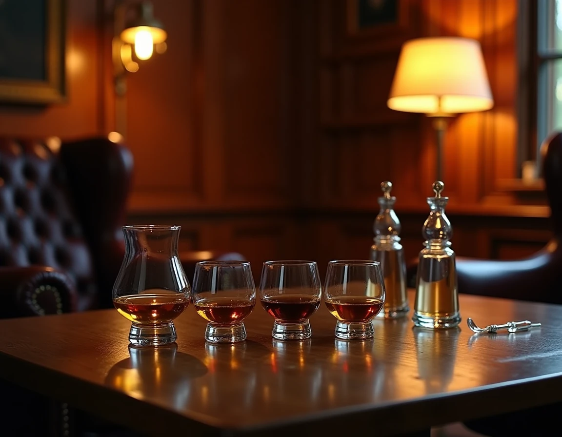 Atmospheric wide shot of a private whisky tasting setup in a wood-panelled library study: four copita glasses in a row o