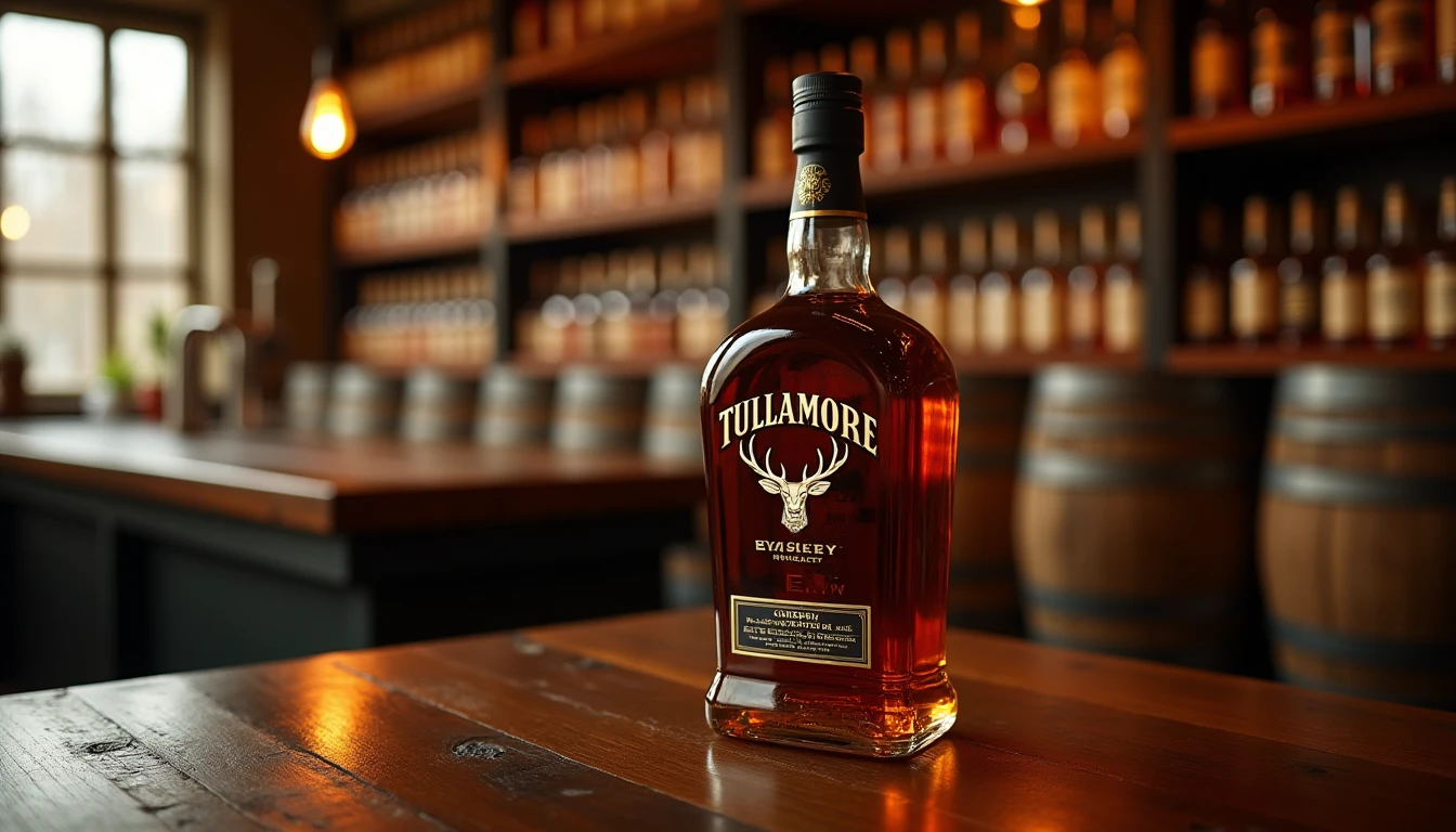 Editorial hero shot of a Tullamore D.E.W. whiskey bottle standing upright on a dark aged oak bar counter, warm amber liq