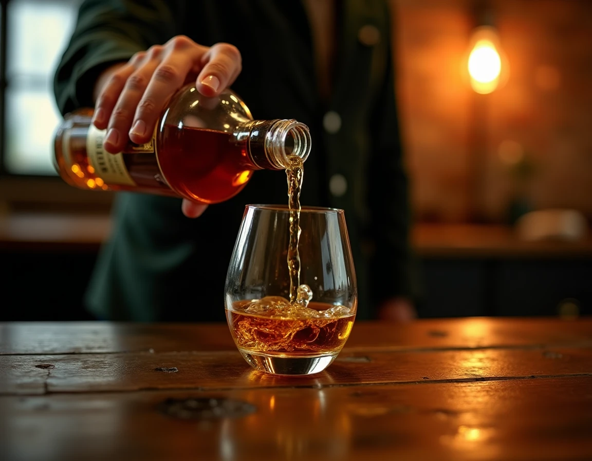 Close-up of a man's hands carefully pouring Tullamore D.E.W. Irish whiskey from the bottle into a Glencairn nosing glass