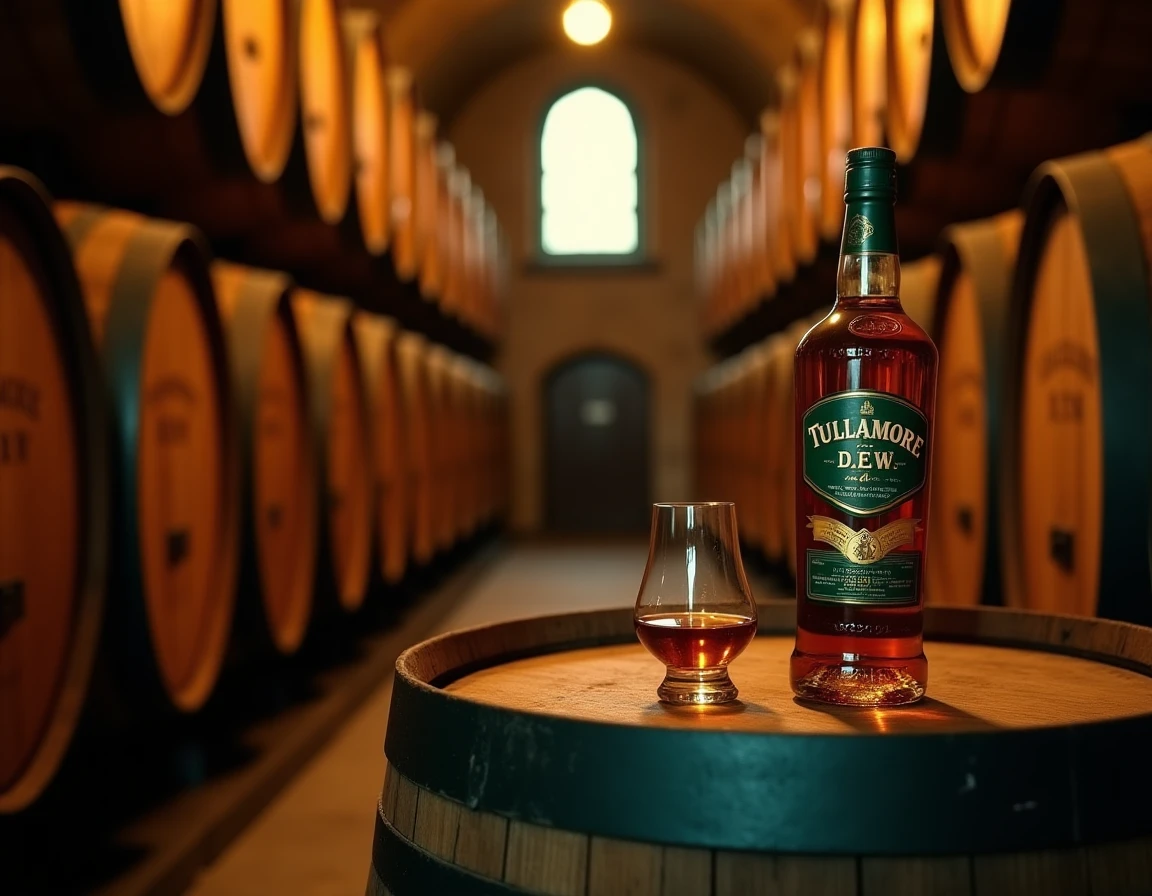 Wide interior shot of a traditional Irish whiskey cellar with rows of aging bourbon and sherry casks, a single Tullamore
