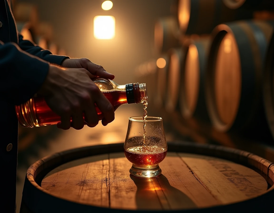 Mid-shot of weathered hands carefully pouring Yamazaki single malt from a bottle into a Glencairn glass on a wooden barr