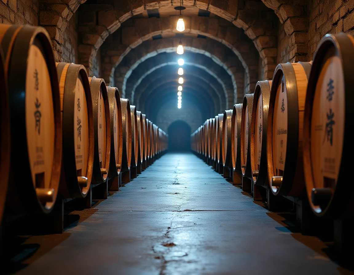 Wide interior shot of the Yamazaki Distillery barrel warehouse corridor in Osaka prefecture Japan, long rows of Japanese