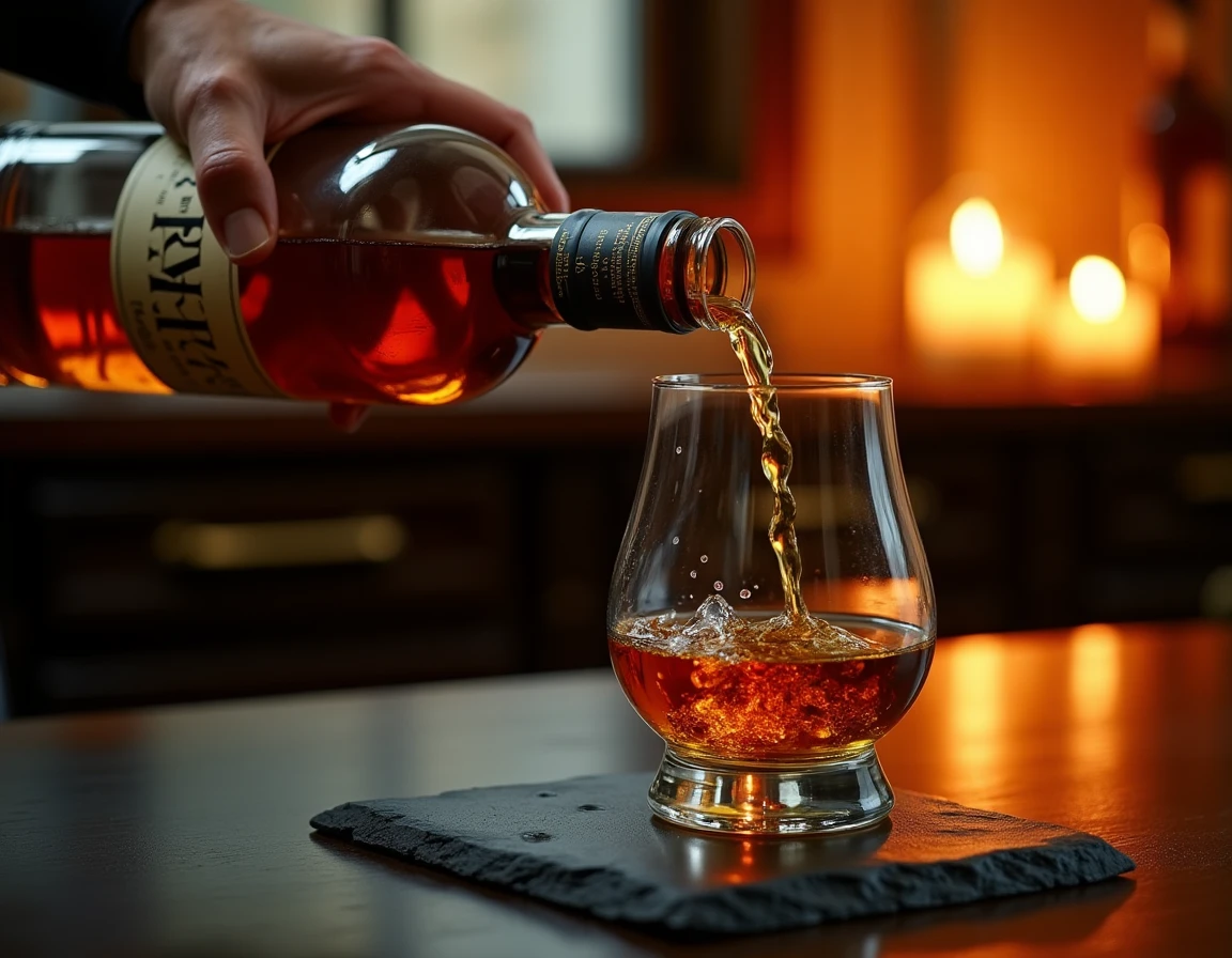 Close-up action shot of a hand carefully tilting a Nikka From The Barrel bottle to pour into a Glencairn glass, liquid s