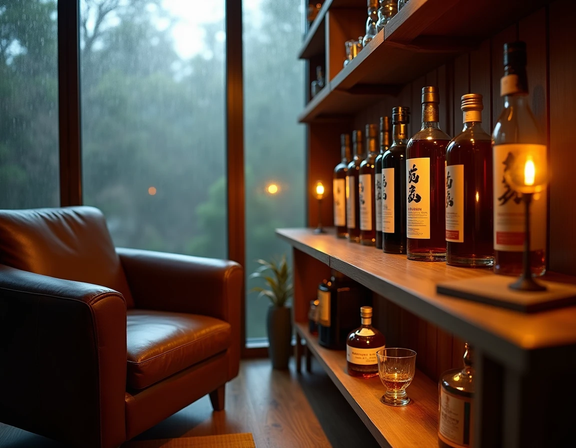 Wide environmental shot of a Japanese-inspired whisky corner: a wooden shelf lined with Nikka bottles including From The