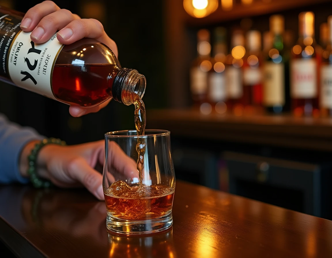 Close-up action shot of whisky being poured from a Nikka From The Barrel bottle into a Glencairn glass, liquid mid-pour