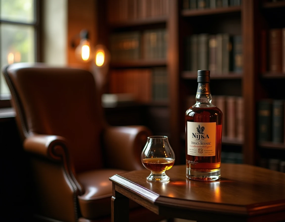 Wide atmospheric shot of a leather armchair reading nook in a dimly lit private library, a small side table with a Nikka