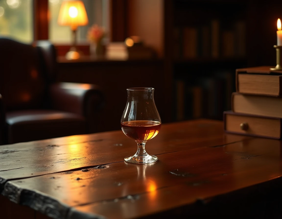 Atmospheric editorial photograph of a dimly lit private library or study, a single tulip-shaped whisky glass centered on