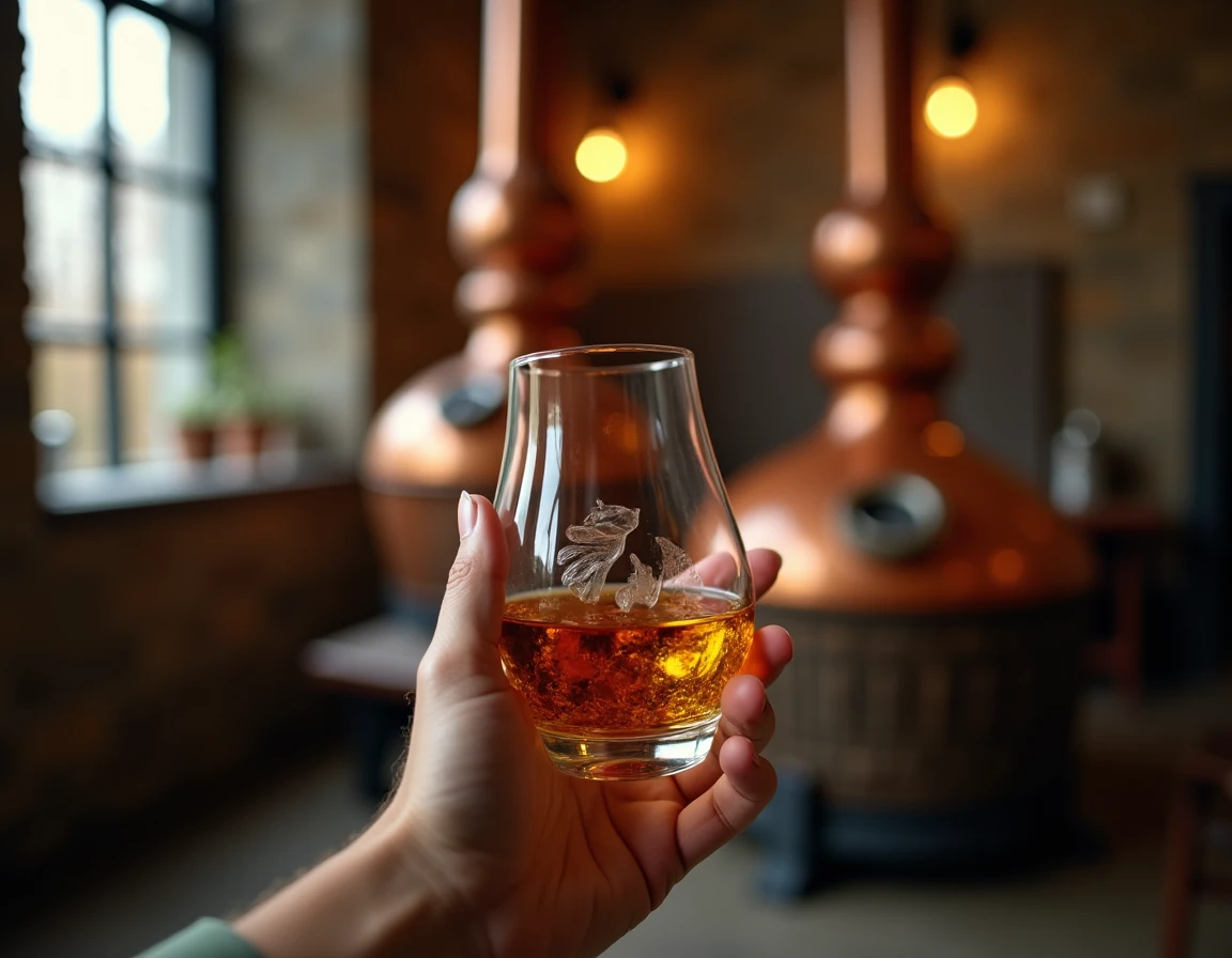 Close-up editorial of two hands gently holding a Glencairn glass of Highland Park whisky at nose level, amber liquid cat