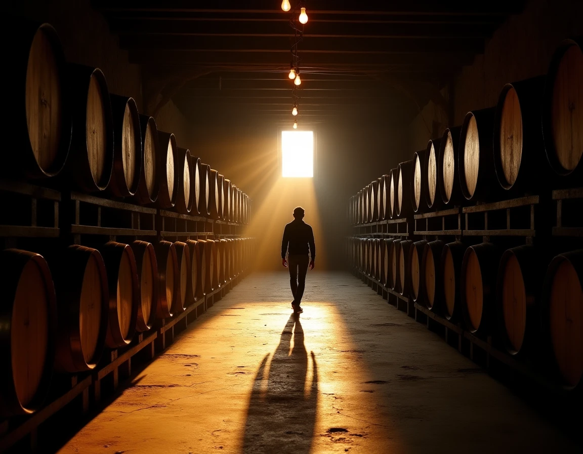 Wide interior shot of a traditional Scottish whisky warehouse cask gallery on Orkney, rows of oak barrels stacked three 