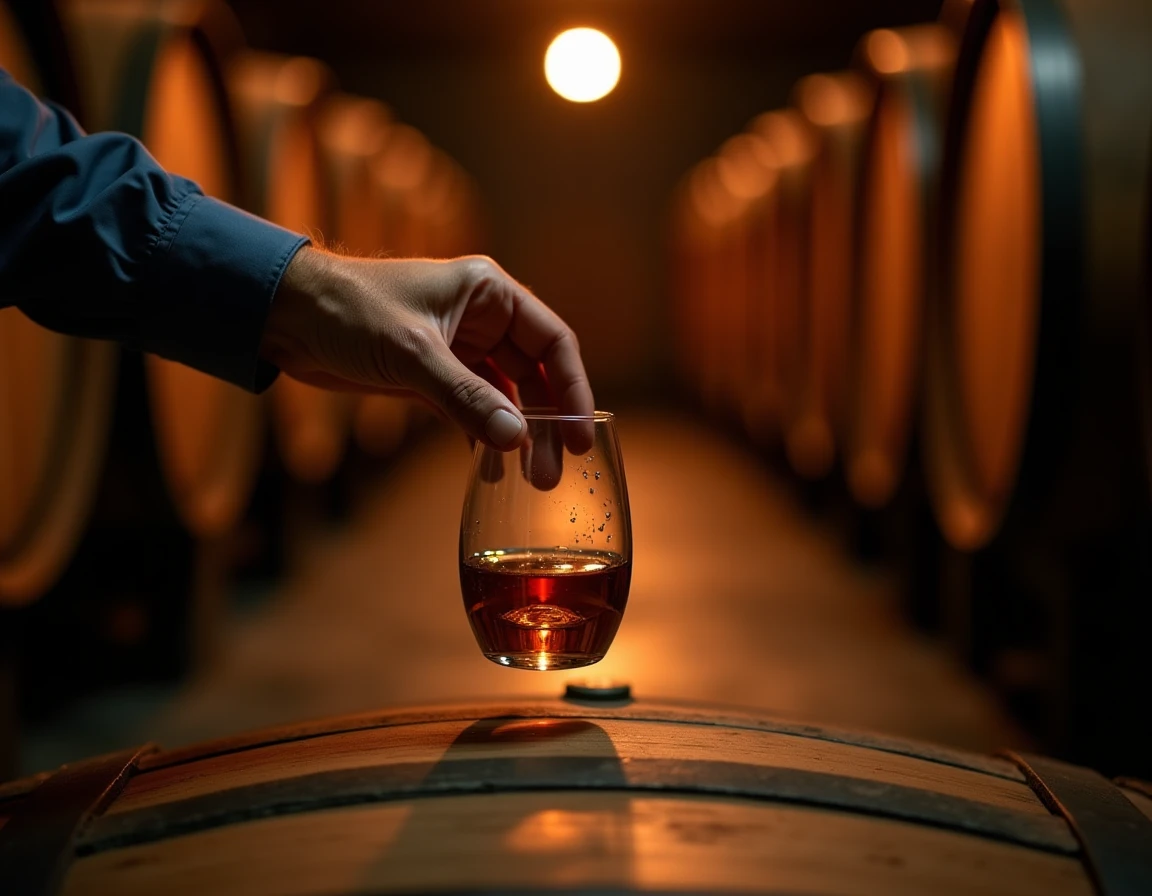 Close-up editorial shot of a master blender's hands carefully lifting a small glass sample from a Yamazaki oak cask in a