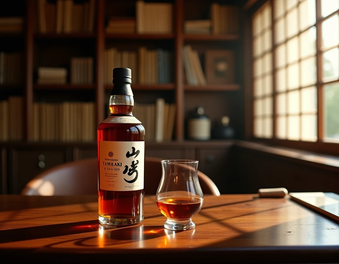 Medium-shot editorial composition of a Yamazaki 18 Year Old bottle and Glencairn glass on a dark polished oak table insi