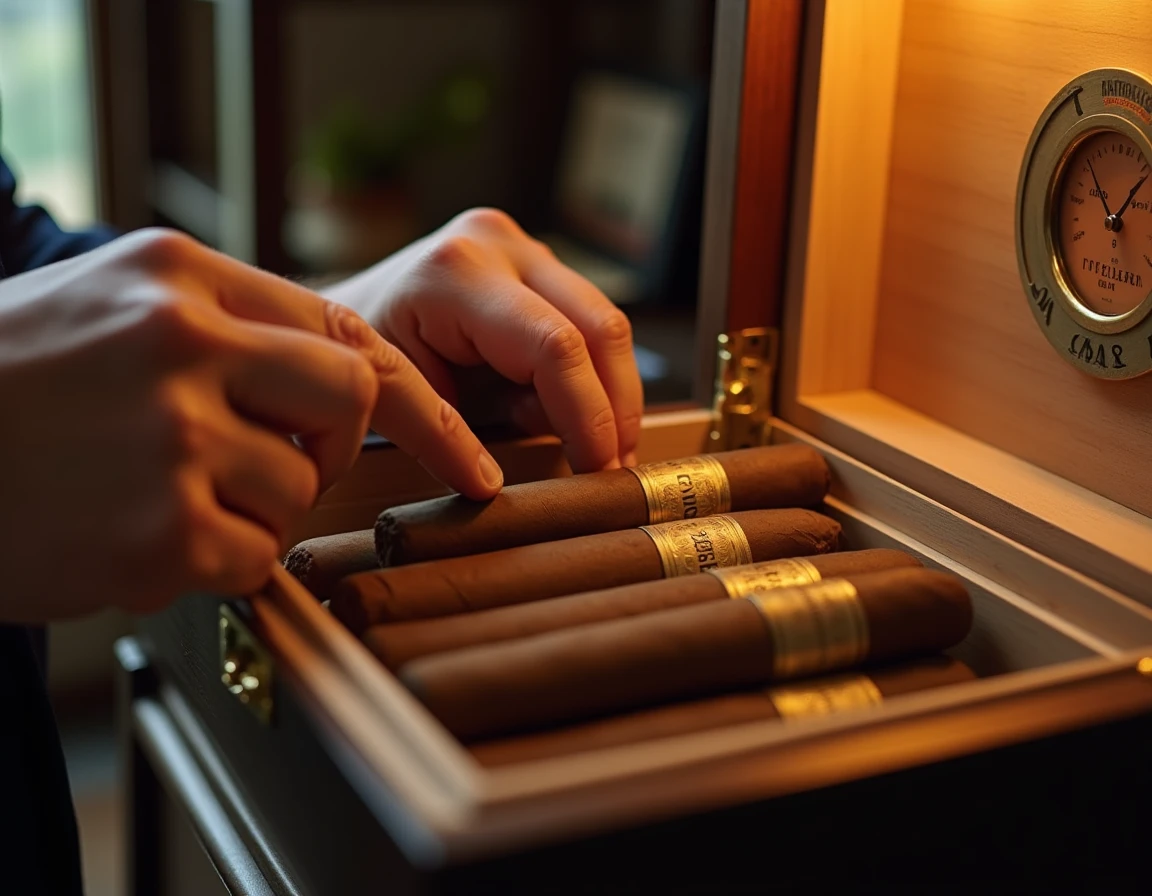Close-up action shot of hands gently rotating and repositioning cigars inside an open humidor, Spanish cedar interior vi
