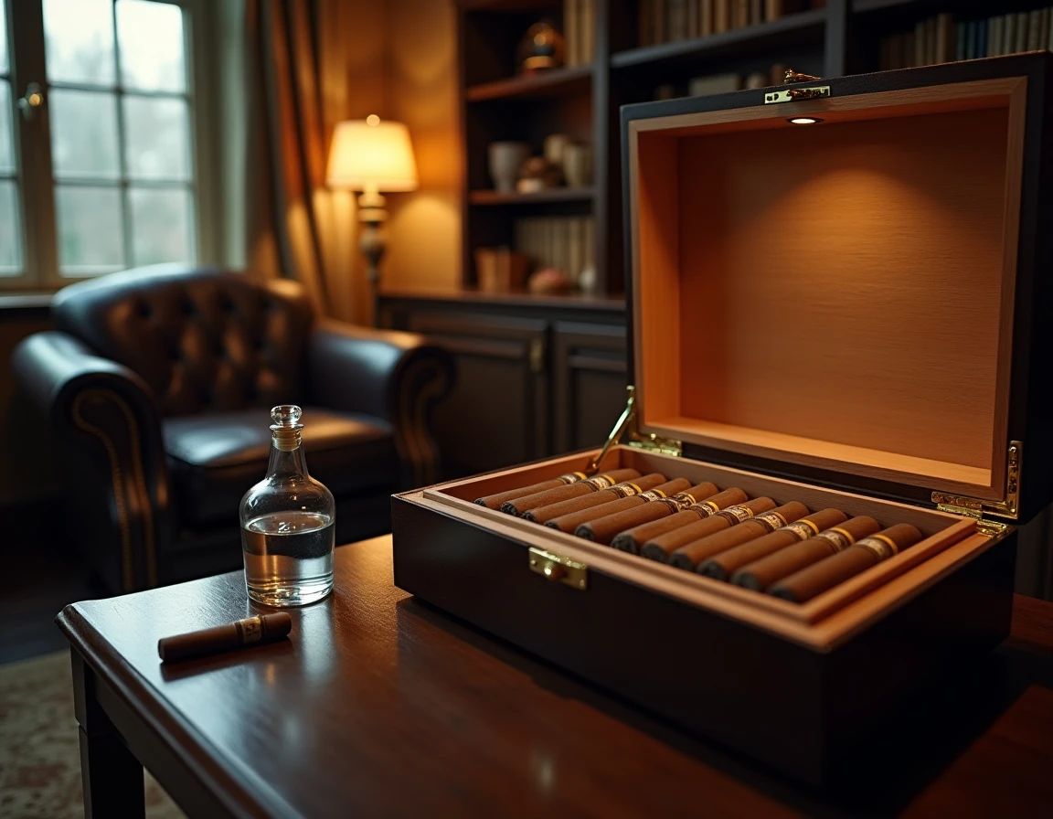 Wide atmospheric shot of a humidor cabinet slightly ajar in a warmly lit study, rows of cedar dividers and bundled cigar